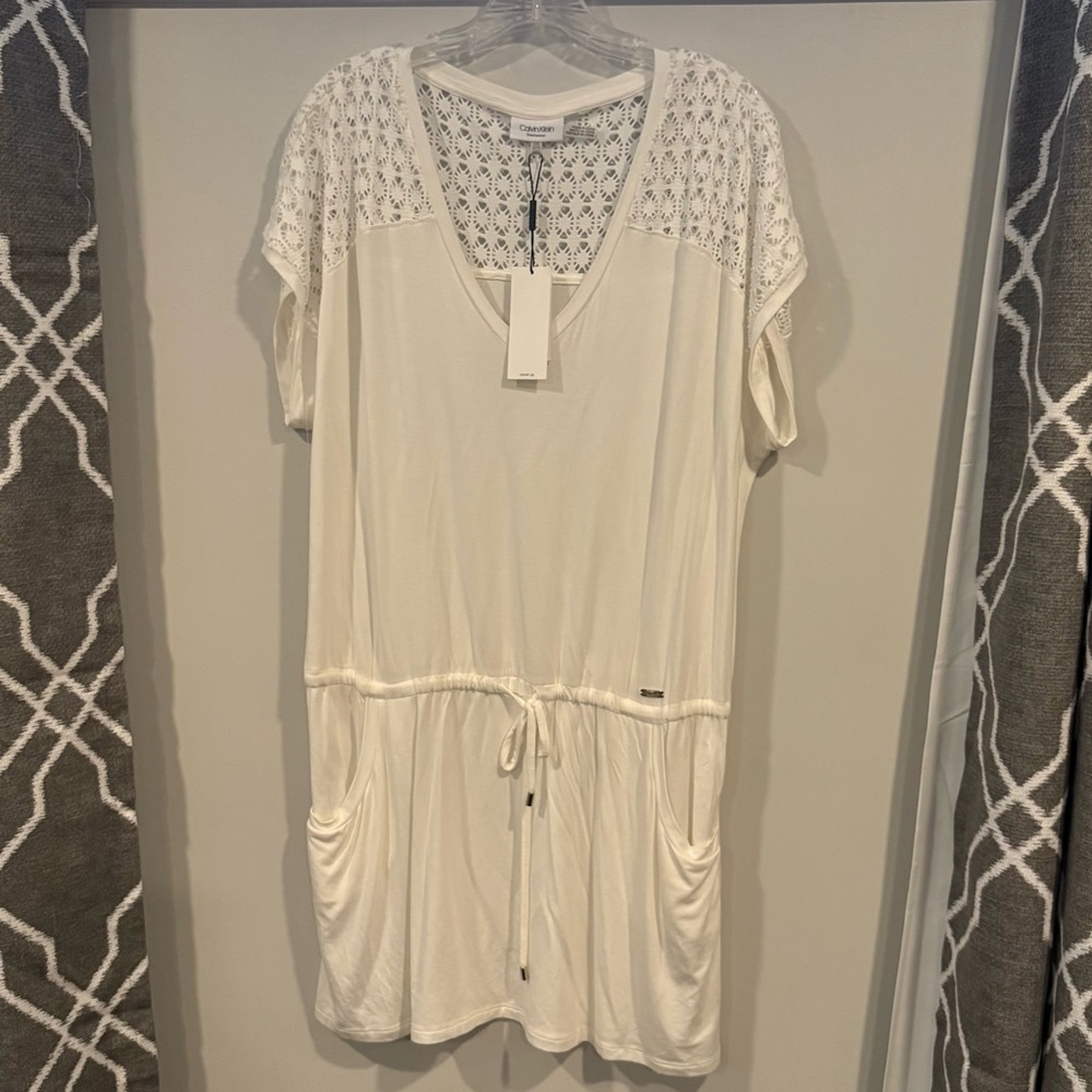 NWT Calvin Klein Women Cap Sleeve White Crochet-Shoulder Tunic Cover Up L/XL